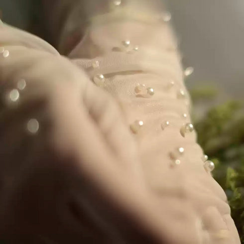 Bridal White Lace Gloves – Long Wedding Gloves with Pearl Accents – White Lace Gloves
